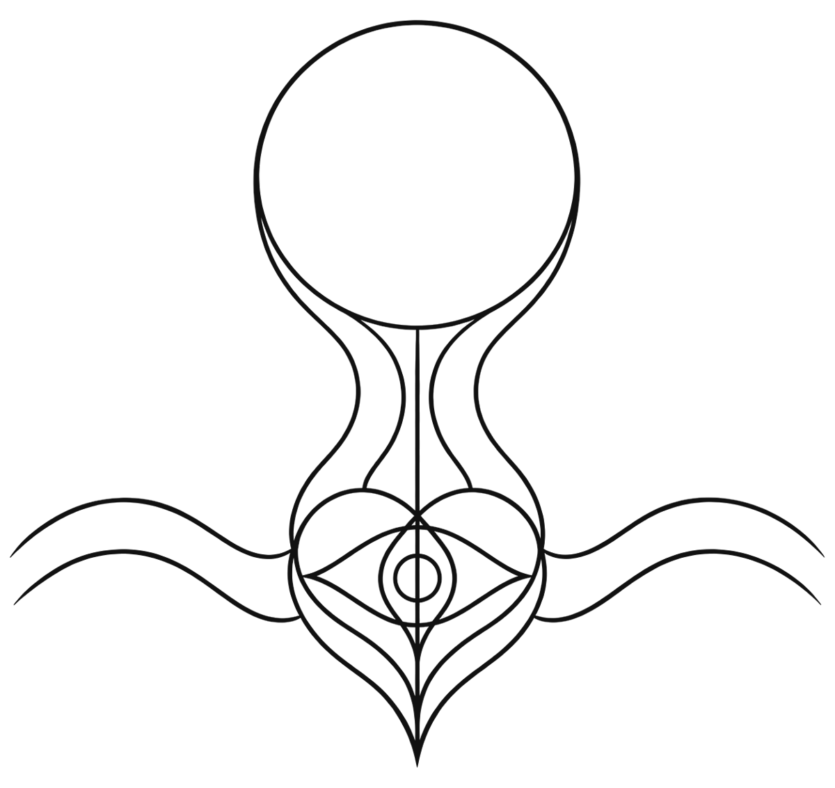 Line drawing: a large circle above, joined by flowing lines to a heart below that holds an open eye, with waves spreading out to either side.